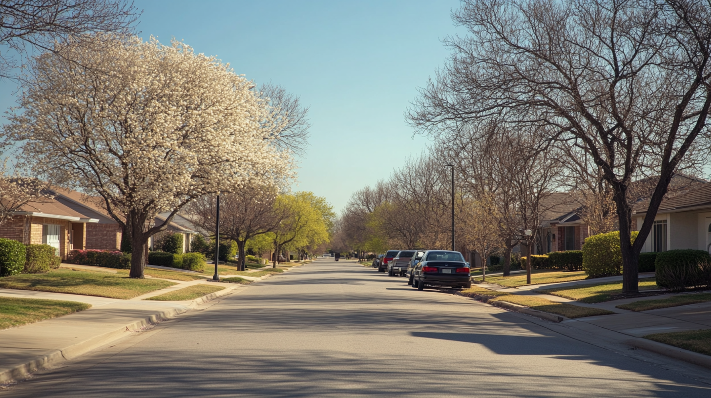 Dallas residential neighborhood during spring allergy season Dallas residential neighborhood during spring allergy season